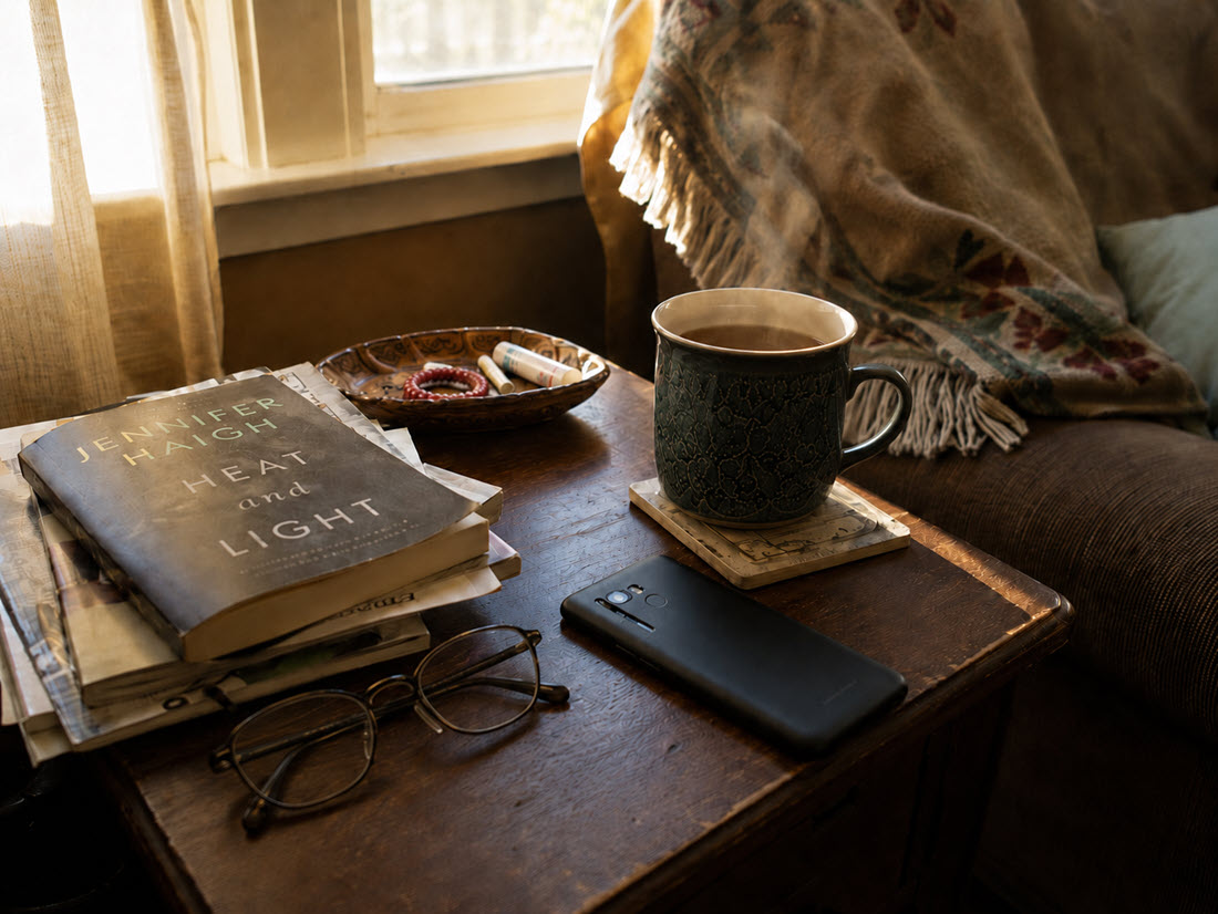 A phone set face-down on a side table beside a warm mug, a stack of books, and reading glasses in soft window light.